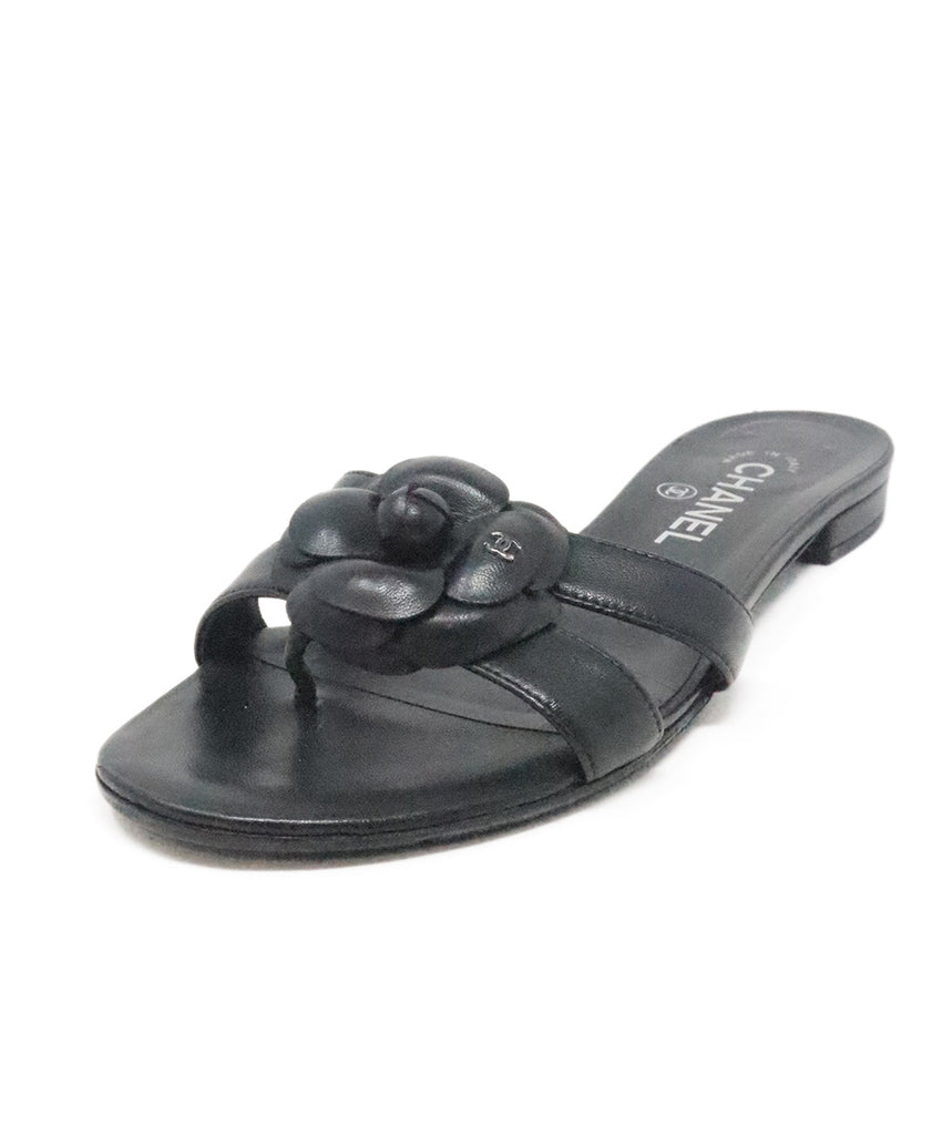 Chanel Black Leather Camellia Slides 