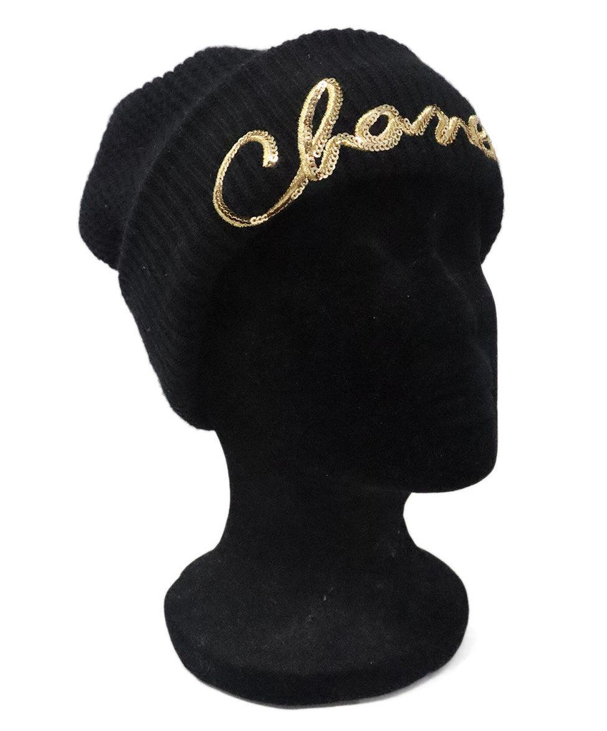 Chanel Black Cashmere & Gold Sequin Beanie - Michael's Consignment NYC