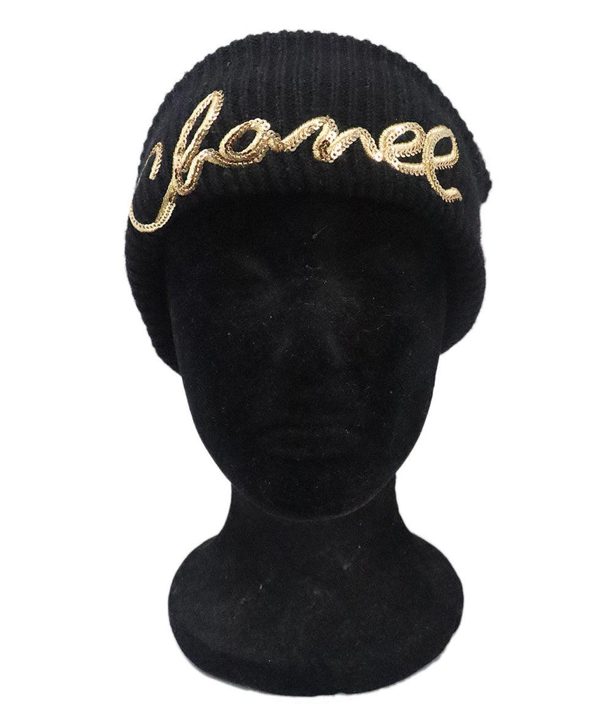 Chanel Black Cashmere & Gold Sequin Beanie - Michael's Consignment NYC