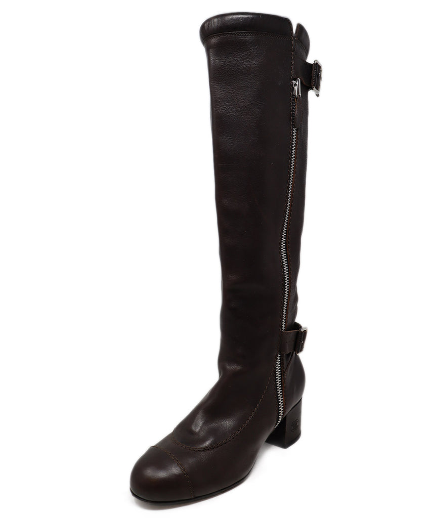 Chanel Brown Leather Zipper Trim Boots 