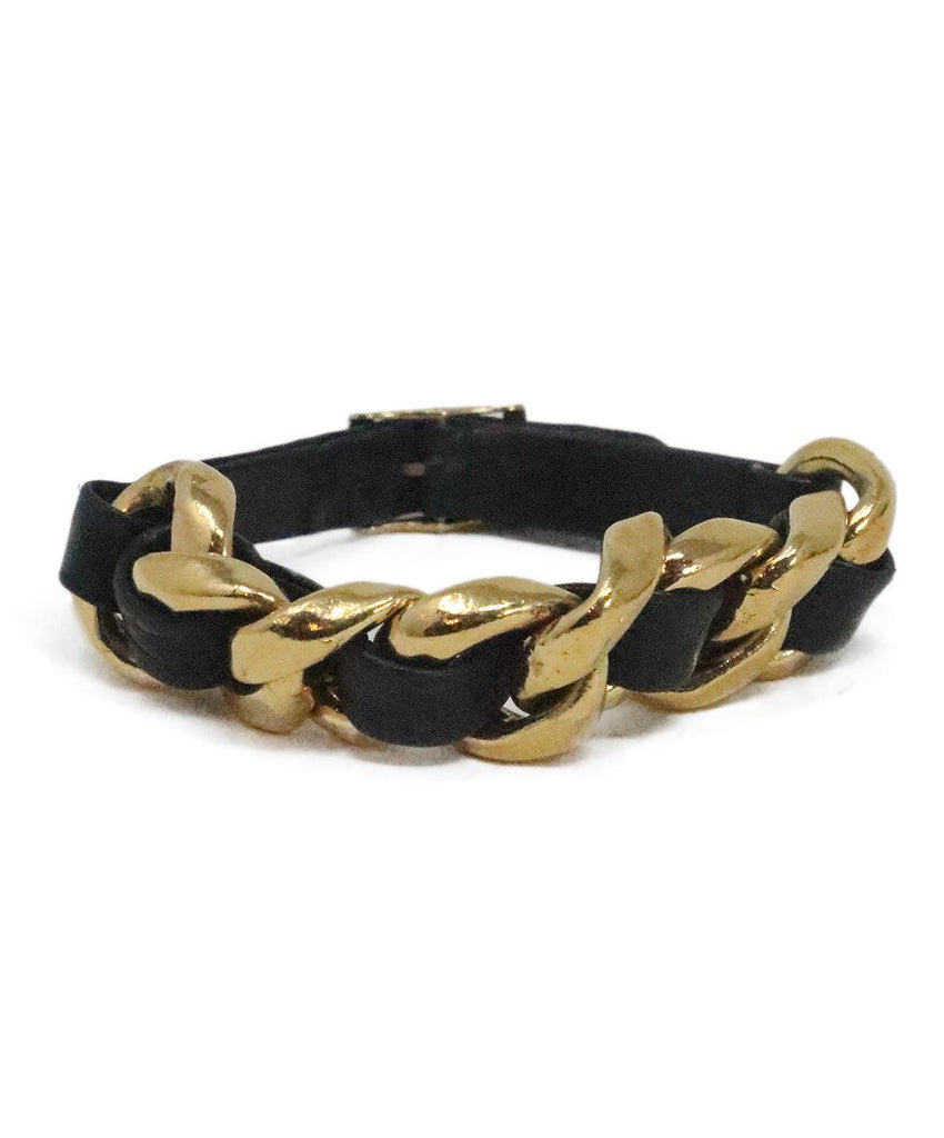 Chanel Vintage Black Leather & Gold Bracelet 