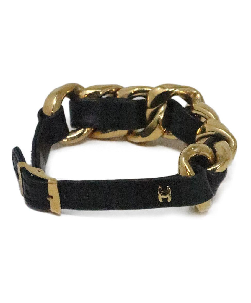 Chanel Vintage Black Leather & Gold Bracelet 1