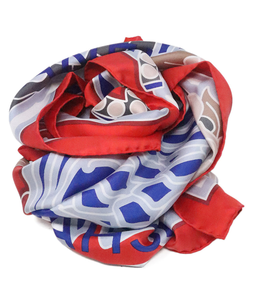 Chanel Red & Blue Print Silk Scarf 