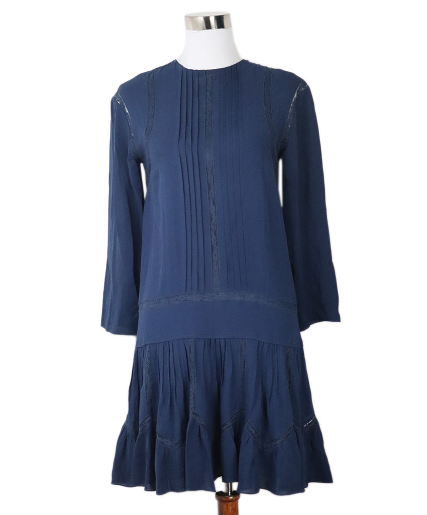 Chloe Blue Navy Silk Lace Trim Longsleeve Dress 