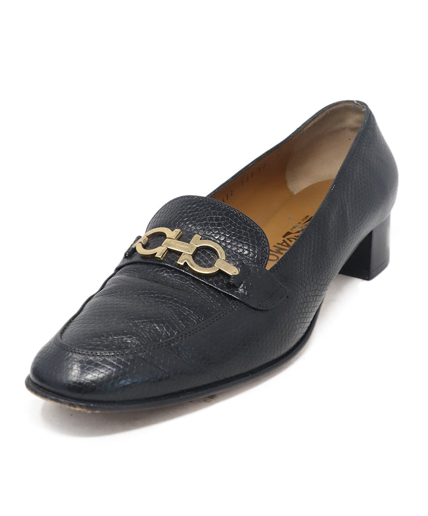 Ferragamo Black Pressed Leather Loafers 