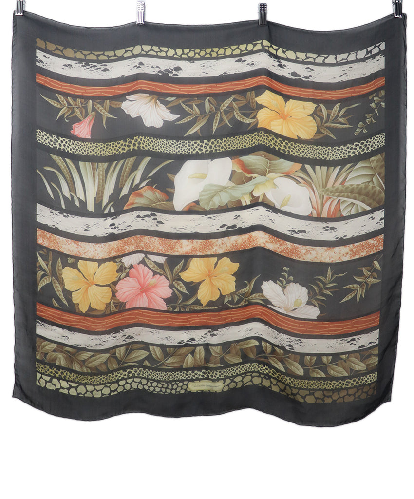 Ferragamo Black Floral Print Silk Scarf 1