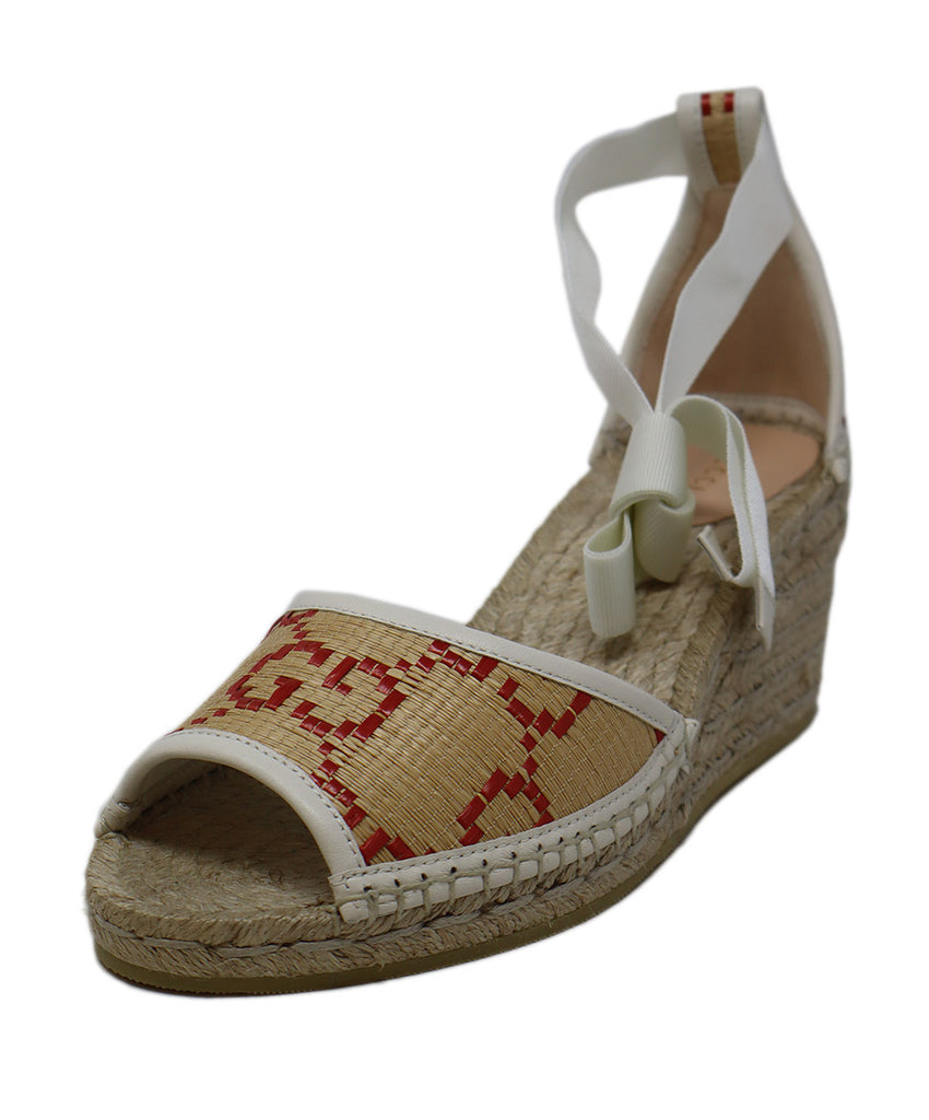 Gucci Tan & Red Monogram Raffia Sandals 