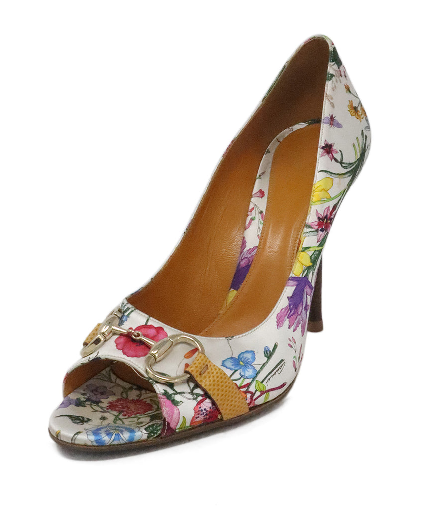 Gucci White & Multicolor Floral Satin Heels 