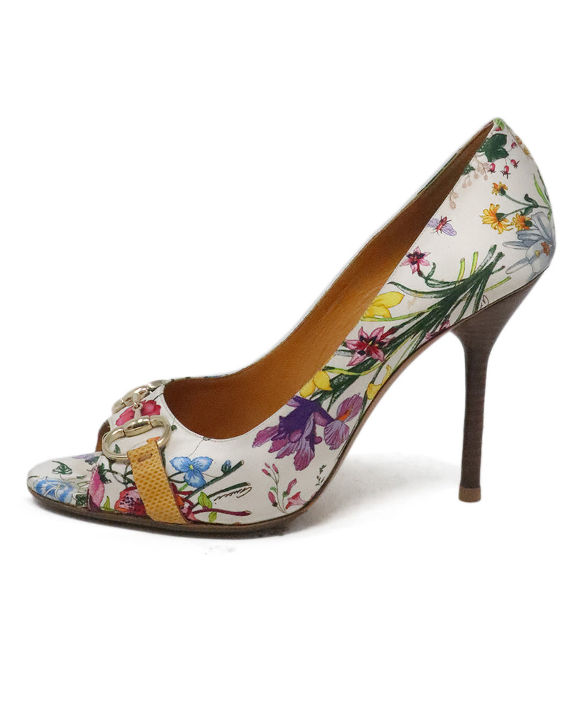 Gucci White & Multicolor Floral Satin Heels 1