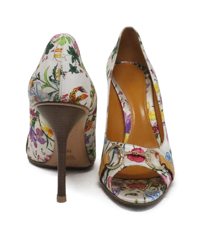 Gucci White & Multicolor Floral Satin Heels 2