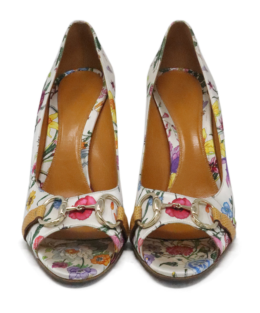 Gucci White & Multicolor Floral Satin Heels 3