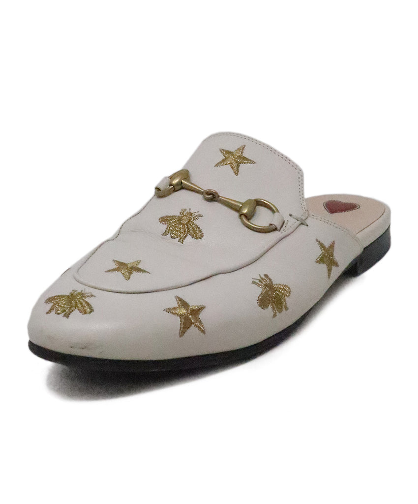 Gucci White & Gold Embroidered Mules 