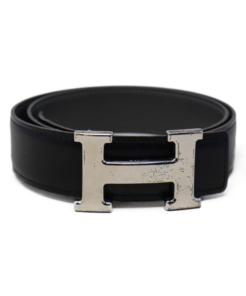 Hermes Black Leather & Silver Buckle Belt 