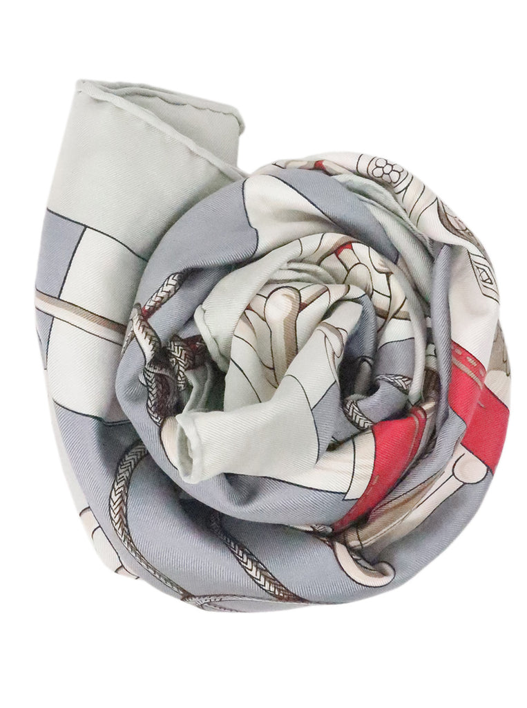 Hermes Grey & Red Silk Scarf 