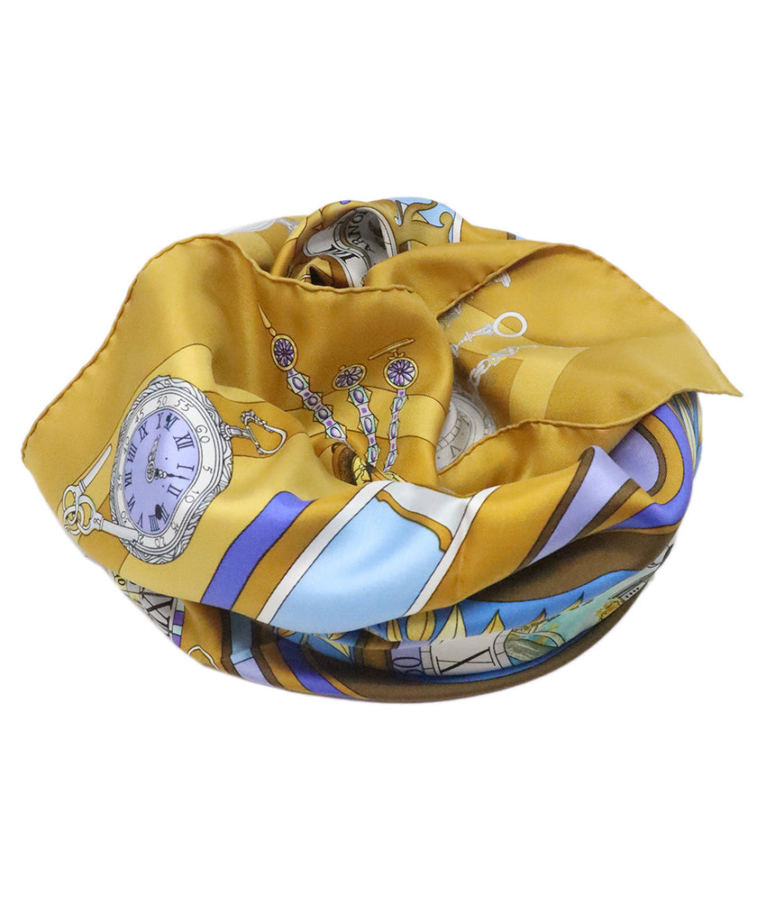 Hermes Mustard Yellow Silk Print Scarf 