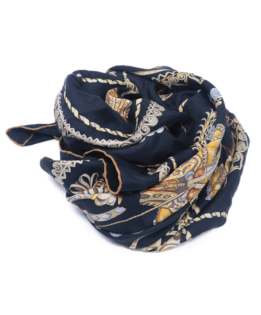 Hermes Black & Gold Print Silk Scarf 