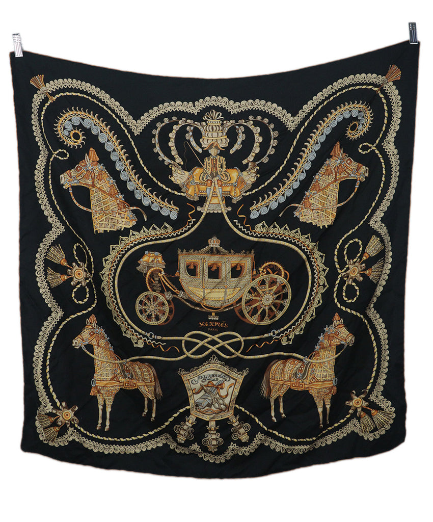 Hermes Black & Gold Print Silk Scarf 4