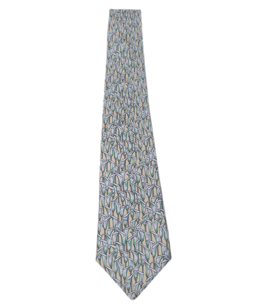 Hermes Green & Yellow Print Silk Tie 