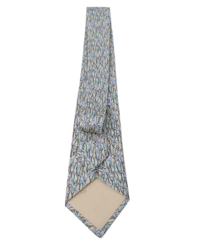 Hermes Green & Yellow Print Silk Tie 1