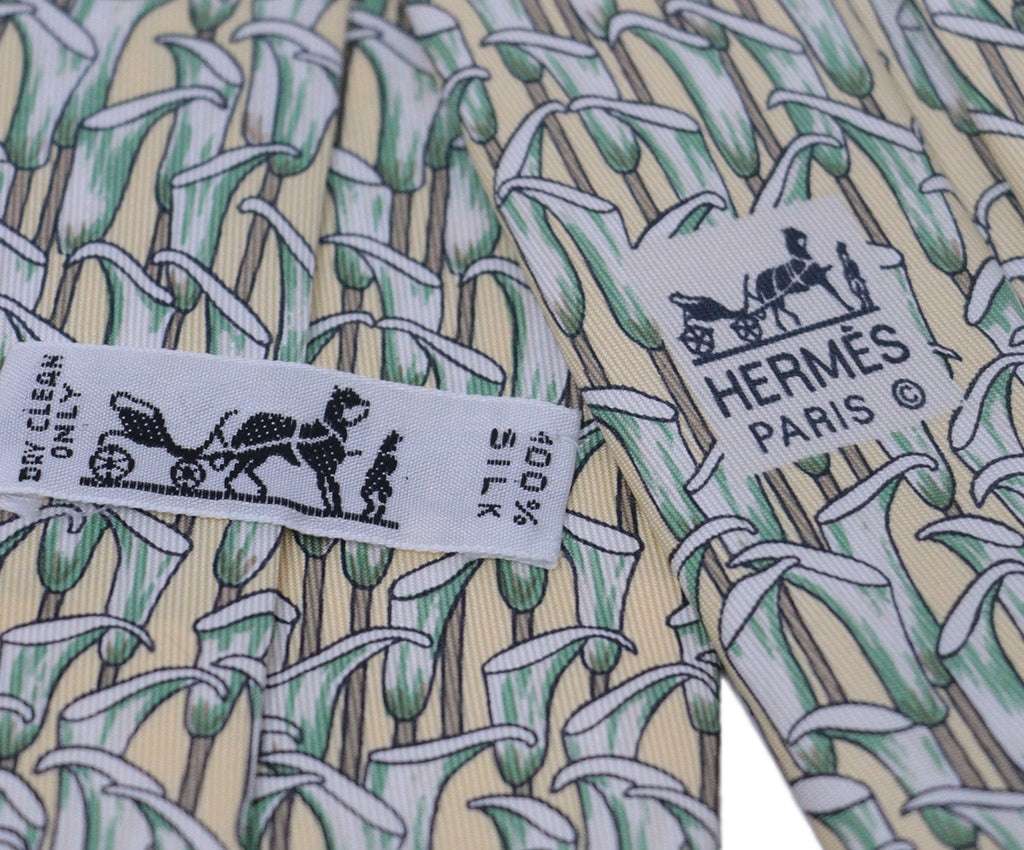 Hermes Green & Yellow Print Silk Tie 2