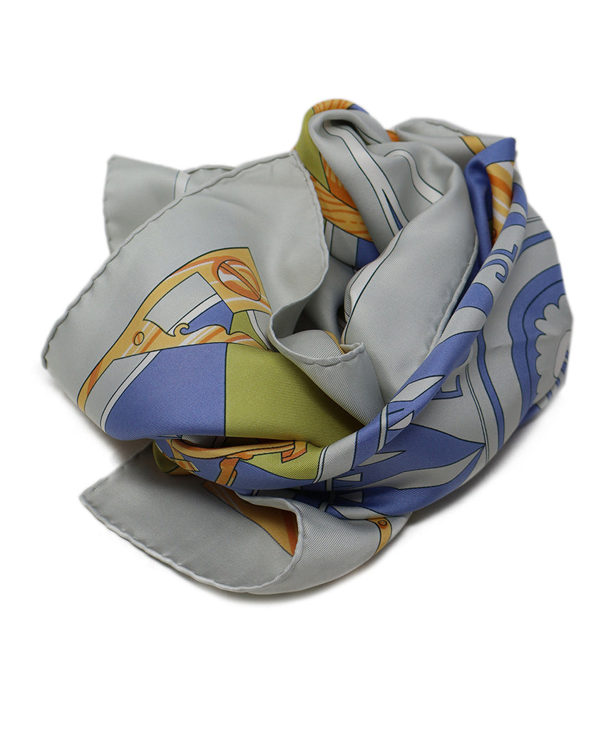 Hermes Grey & Blue Print Silk Scarf 