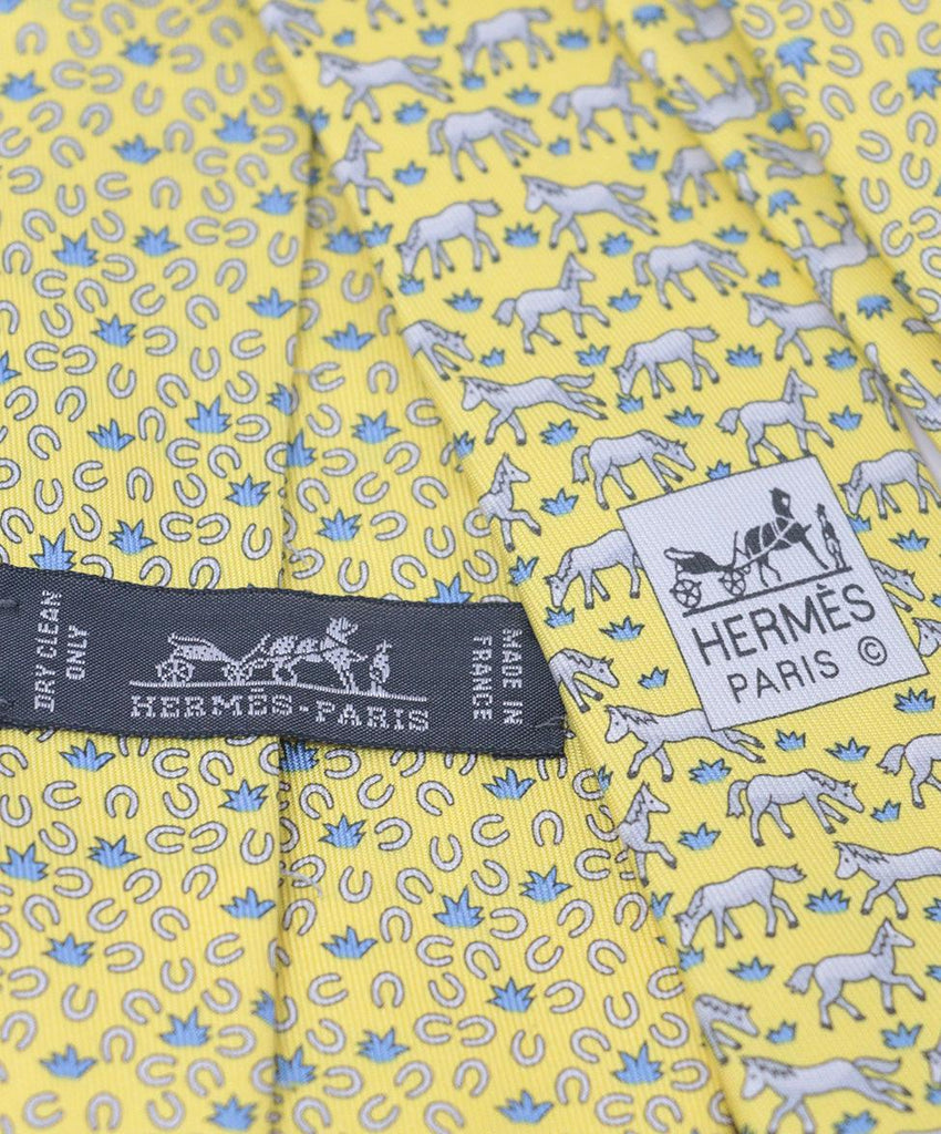 Hermes Yellow & Blue Print Silk Tie 1