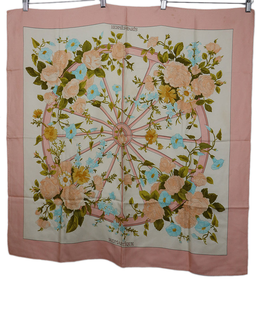 Hermes Pink Floral Print Silk Scarf 1