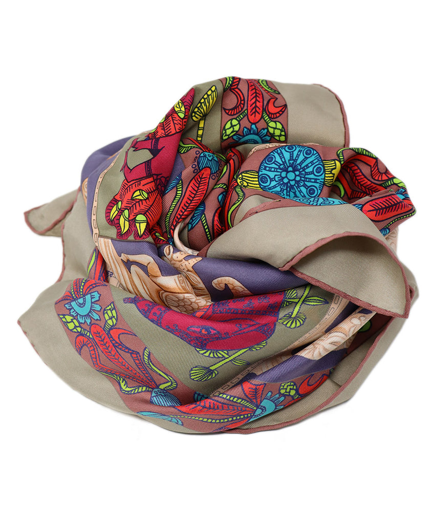 Hermes Taupe & Red Print Silk Scarf 