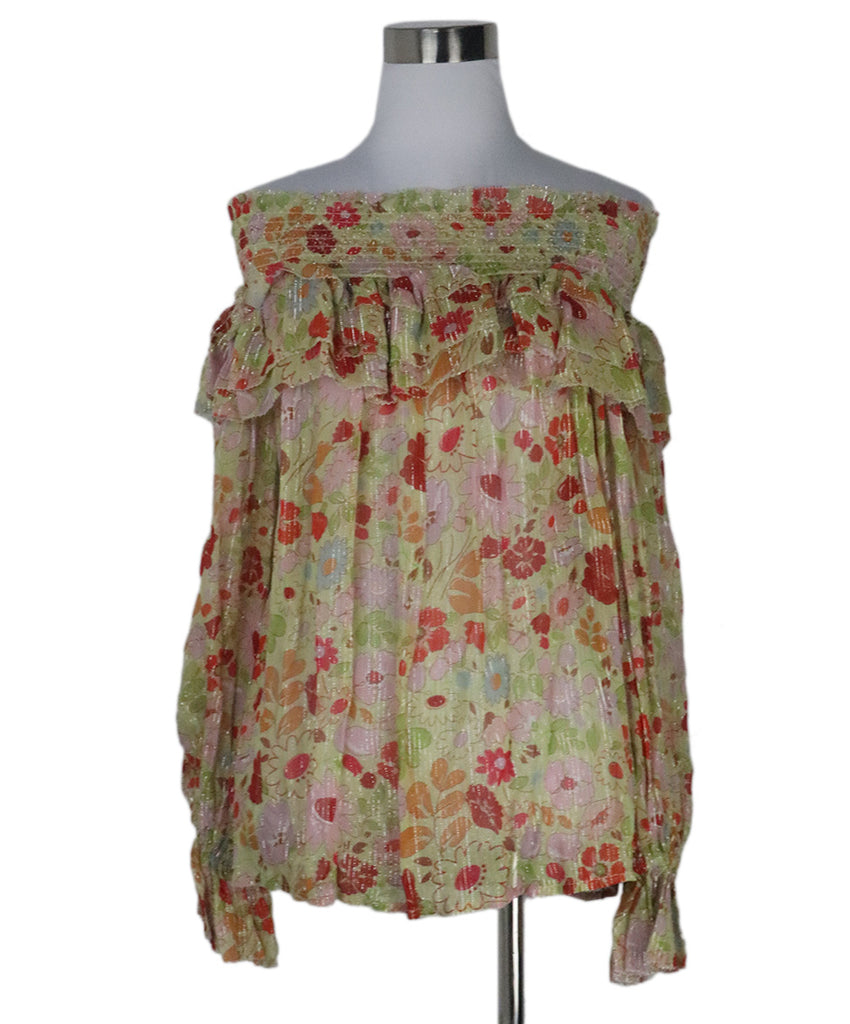 Manoush Green & Red Floral Print Ruffle Blouse 