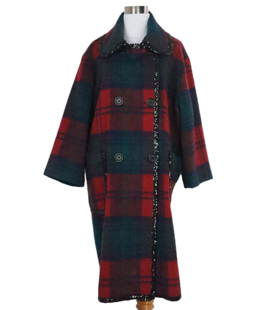 Manoush Red & Green Plaid Wool Sequin Coat 