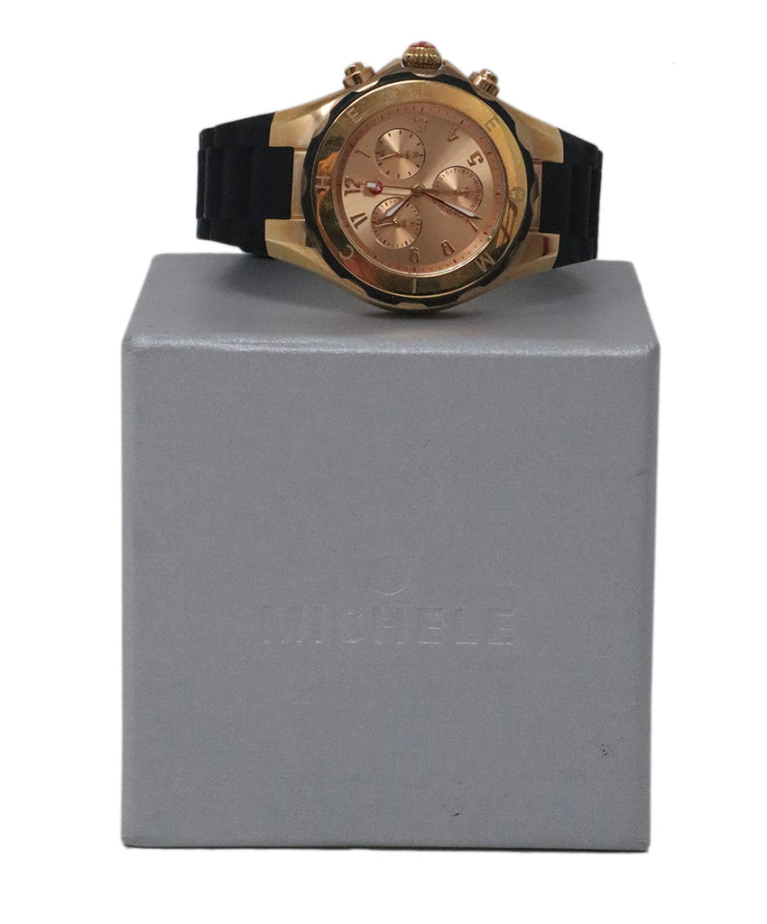 Michele Black Rubber & Rose Gold Watch 3