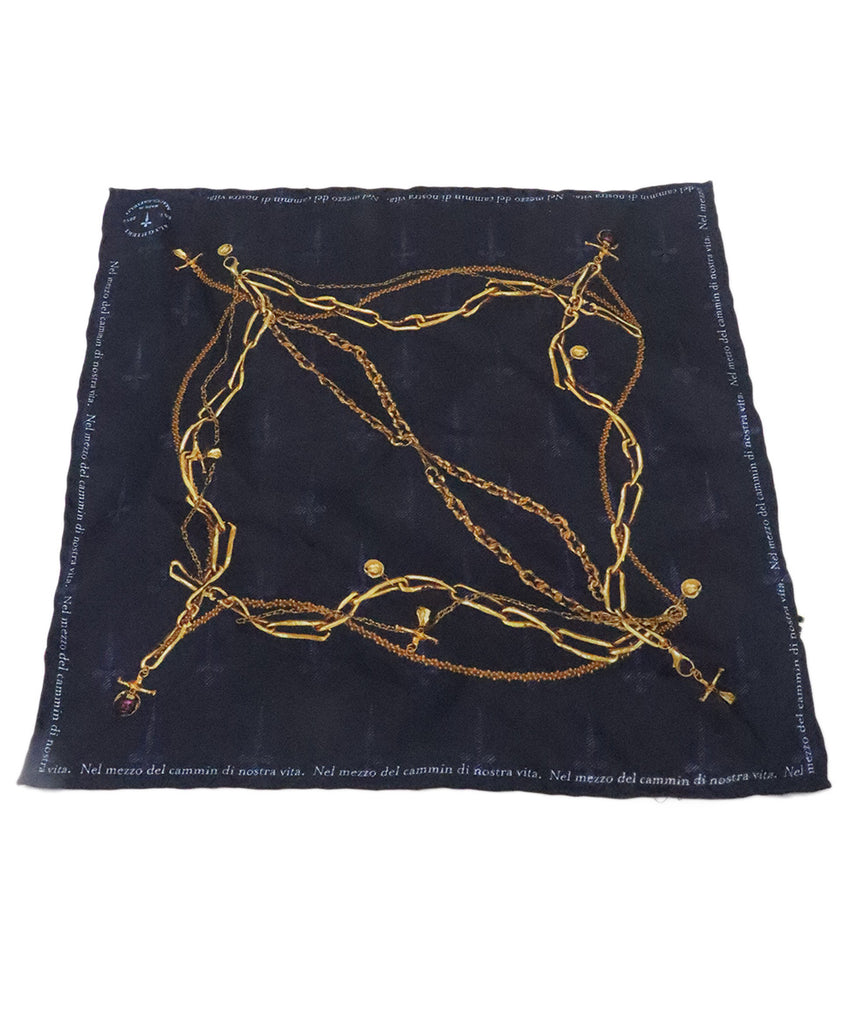 Navy & Gold Print Silk Pocket Square 