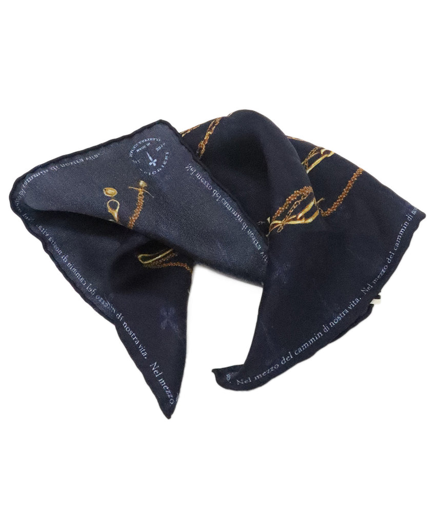 Navy & Gold Print Silk Pocket Square 1