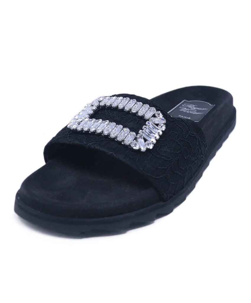 Roger Vivier Black Lace Rhinestone Slides 