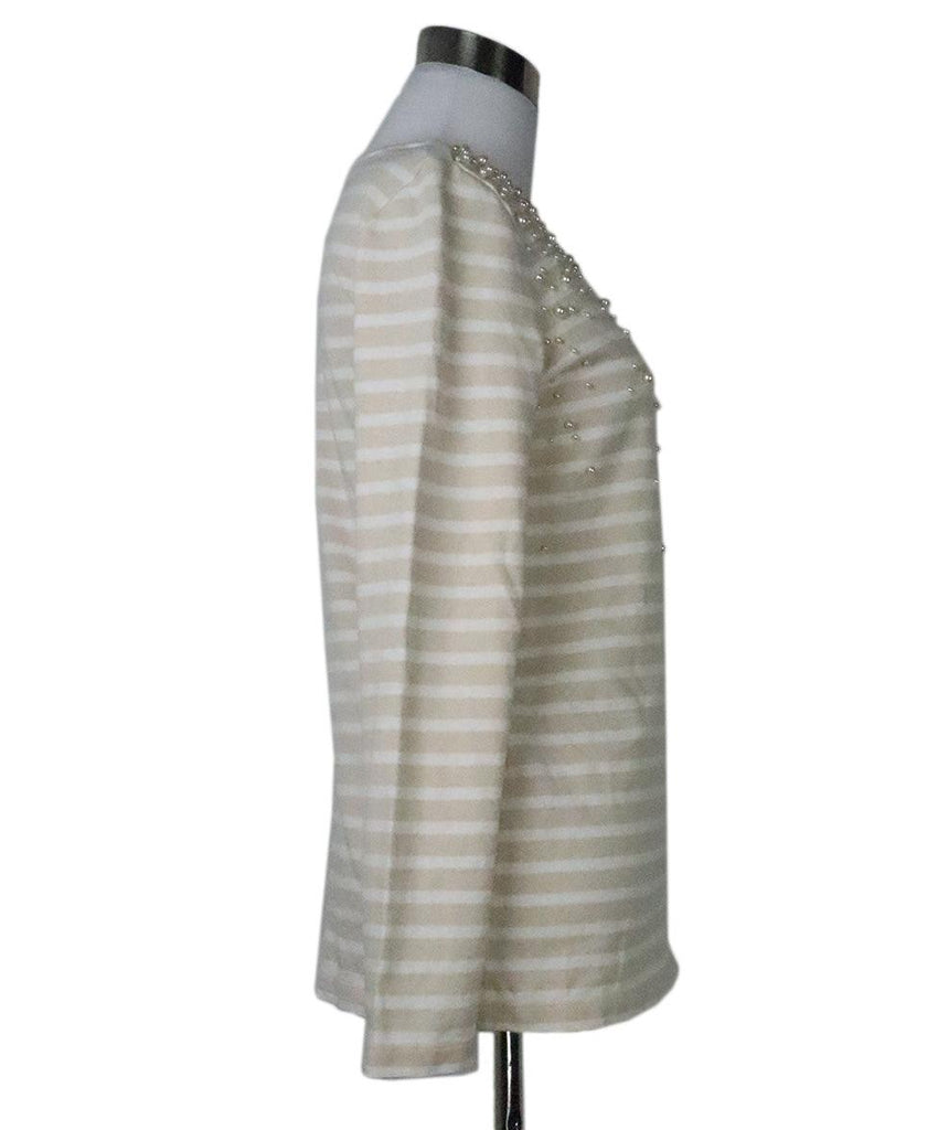 Tory Burch Beige & White Striped Pearl Top 1