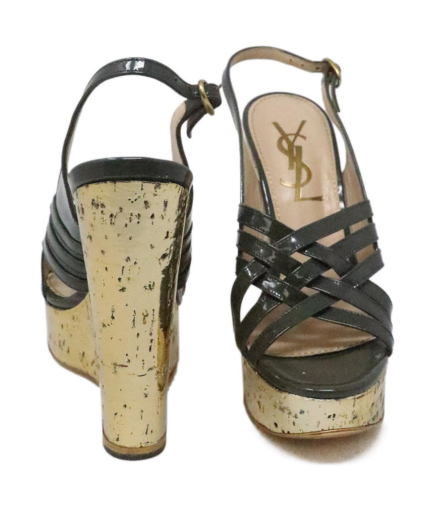 YSL Grey Patent Leather & Gold Cork Wedges sz 7 - Michael's Consignment NYC