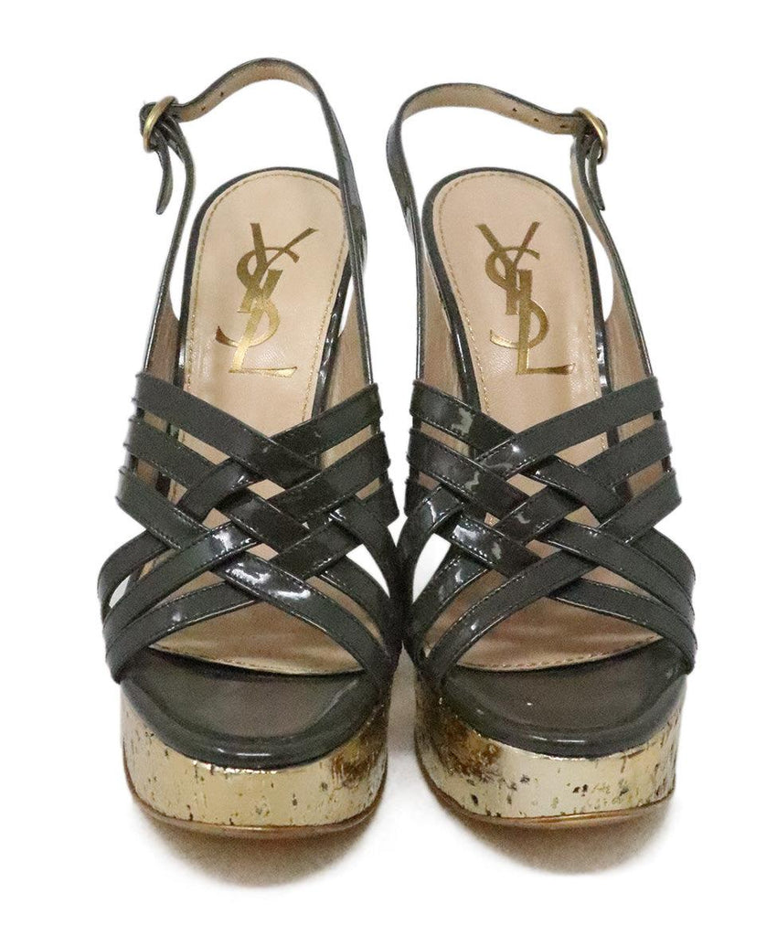 YSL Grey Patent Leather & Gold Cork Wedges sz 7 - Michael's Consignment NYC